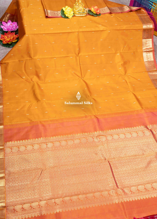 Kanjivaram Mustard Yellow Pure Silk Saree With Maroon Shade Blouse