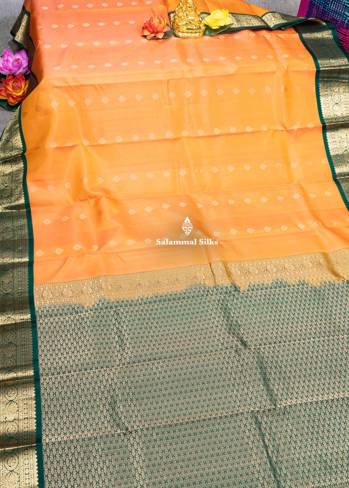 Kanjivaram Mango Yellow Pure Silk Saree With Bottle Green Blouse