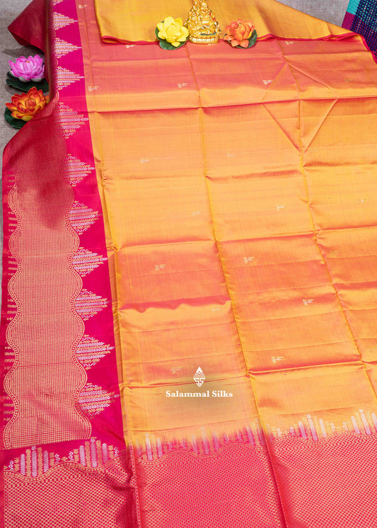 Kanjivaram Mustard Yellow Pure Soft Silk Saree With Pink Blouse