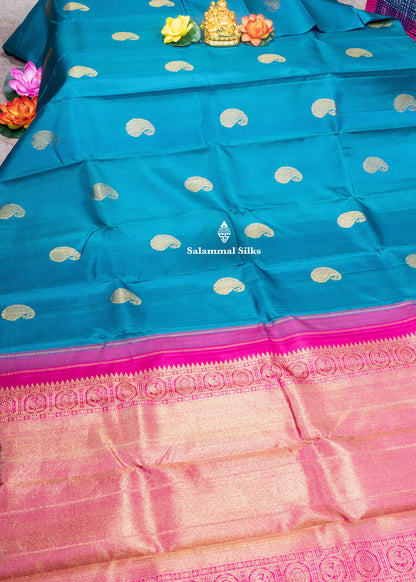 Kanjivaram Tiny Checks Royal Blue & Green Pure Silk Saree With Pink Blouse
