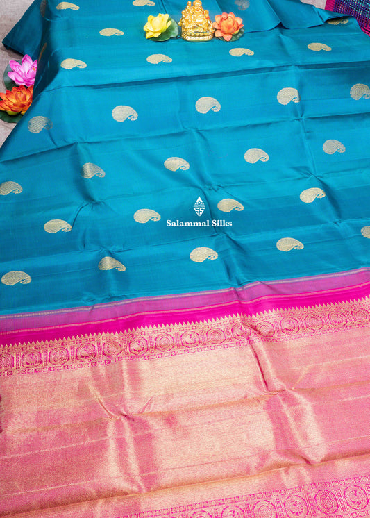 Kanjivaram Tiny Checks Royal Blue & Green Pure Silk Saree With Pink Blouse