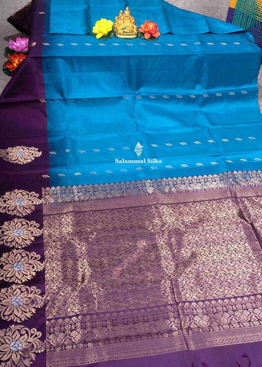 Kanjivaram Rama Blue Pure Silk Saree With Violet Fancy Border