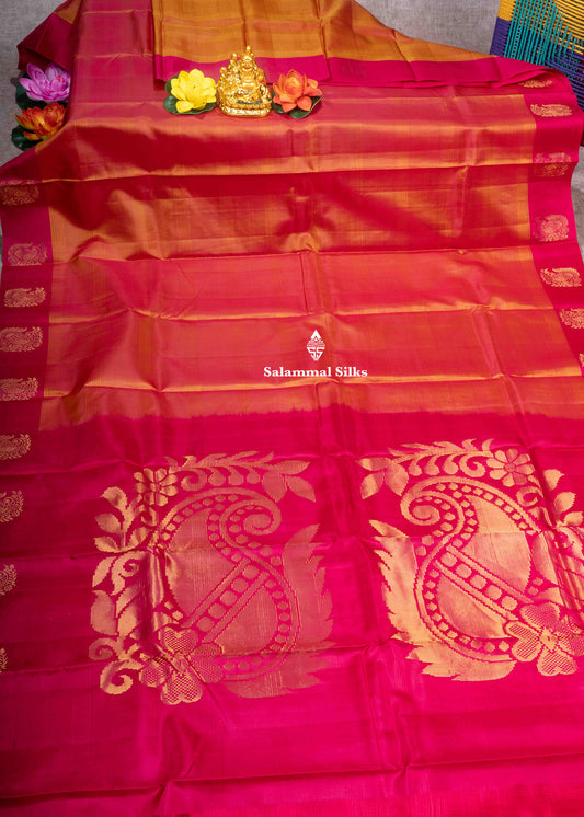 Kanjivaram Pure Silk Saree Peach Orange With Pink Blouse