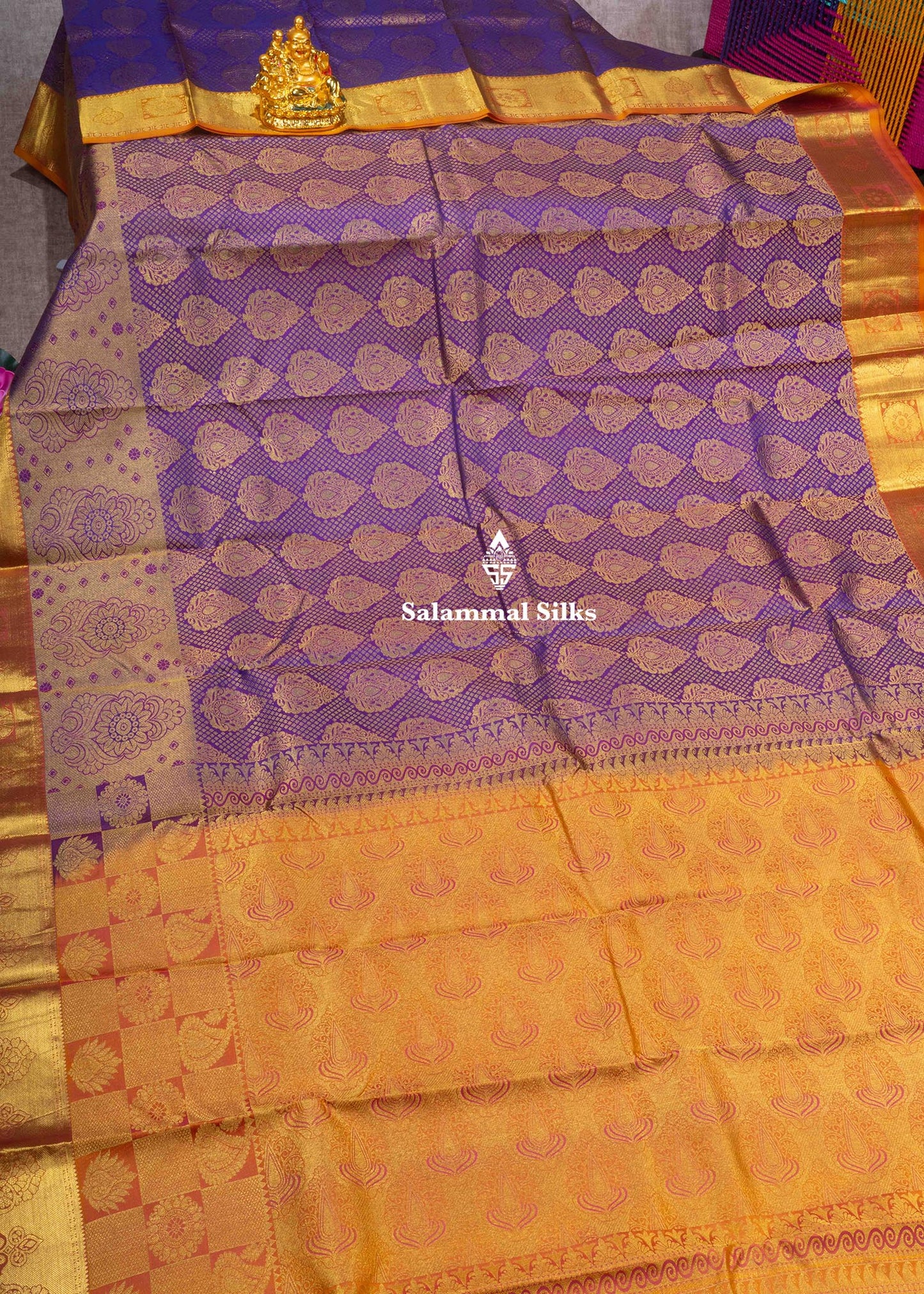 Kanjivaram Violet Pure Silk Jacquard Saree With Mustard Yellow Blouse