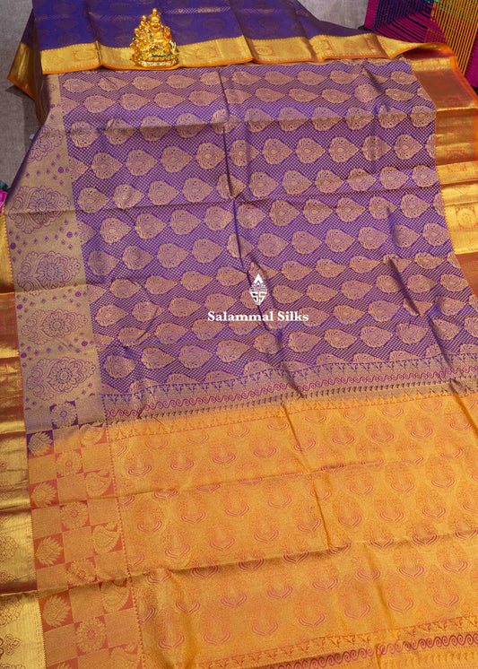 Kanjivaram Violet Pure Silk Jacquard Saree With Mustard Yellow Blouse