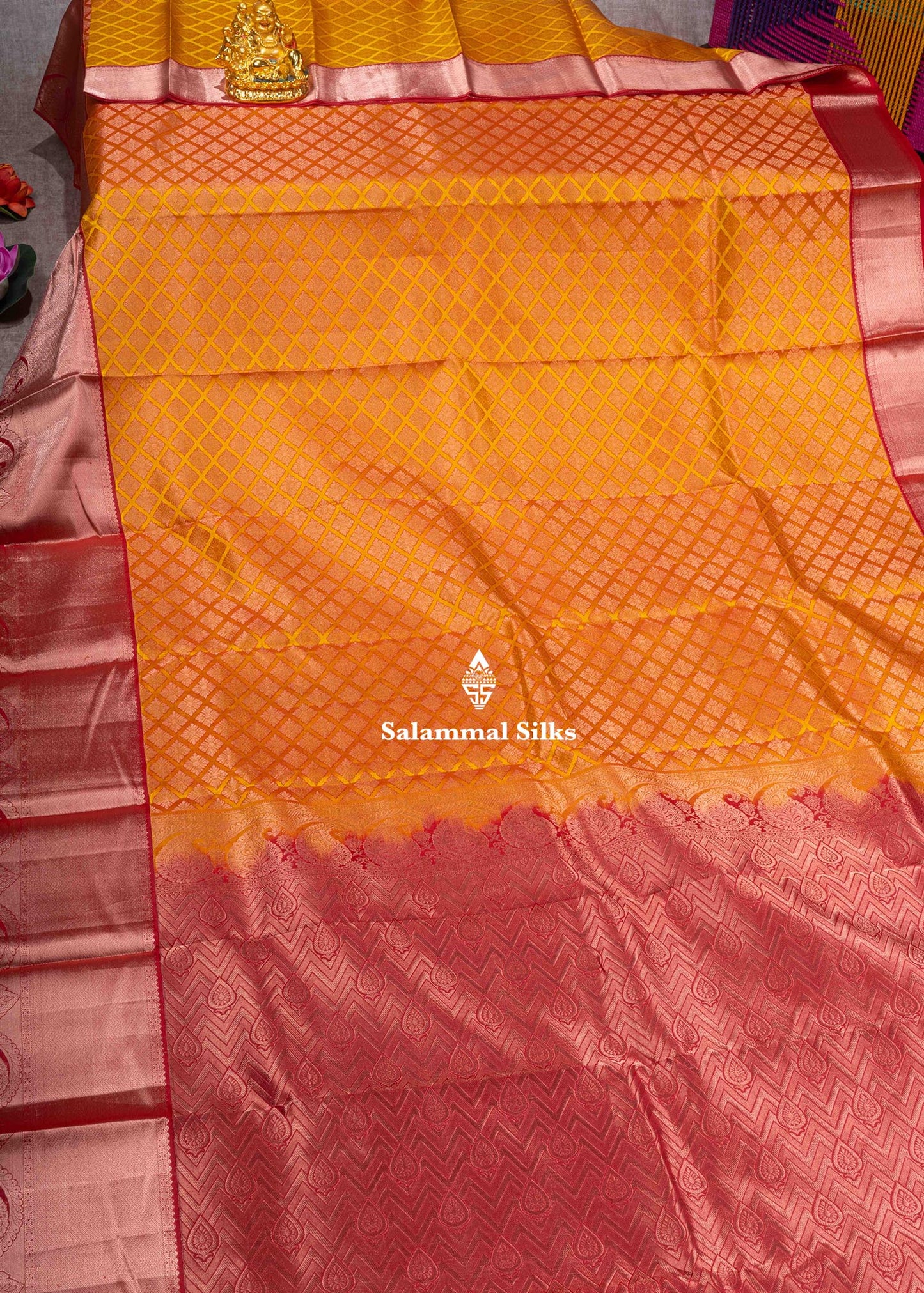 Kanjivaram Mustard Yellow Pure Silk Jacquard Saree With Red Blouse