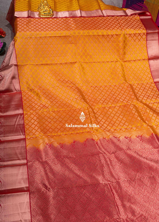 Kanjivaram Mustard Yellow Pure Silk Jacquard Saree With Red Blouse