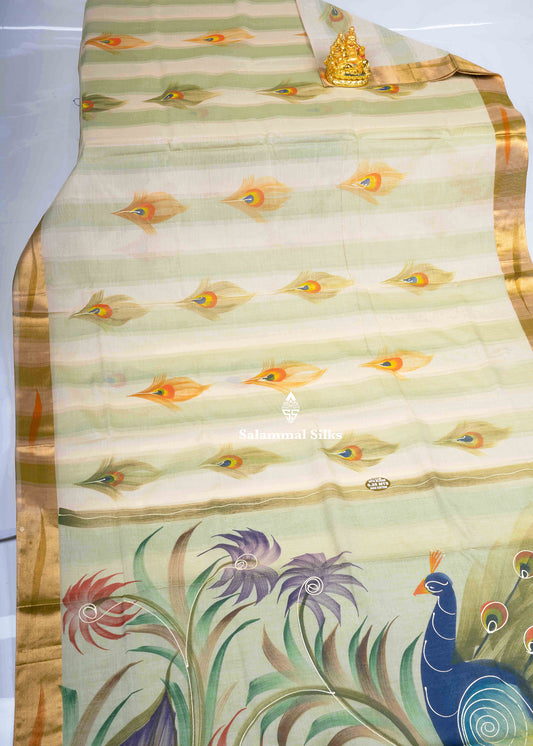 Light Green Printed Cotton Saree with Gold Zari Border