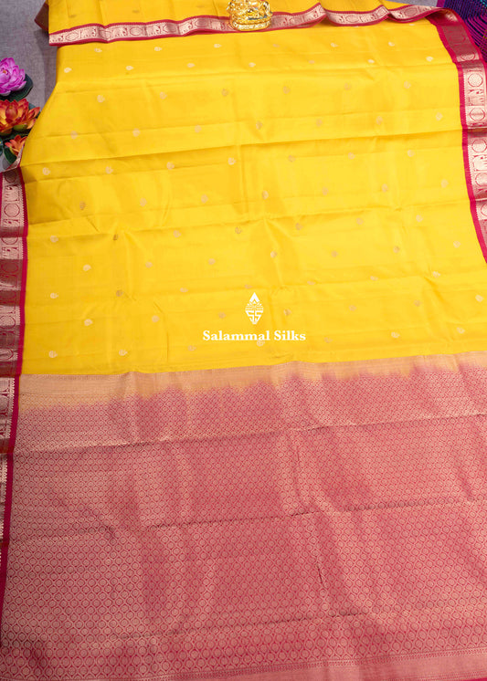 Kanjivaram Yellow Pure Silk Saree With Traditional Maroon Border