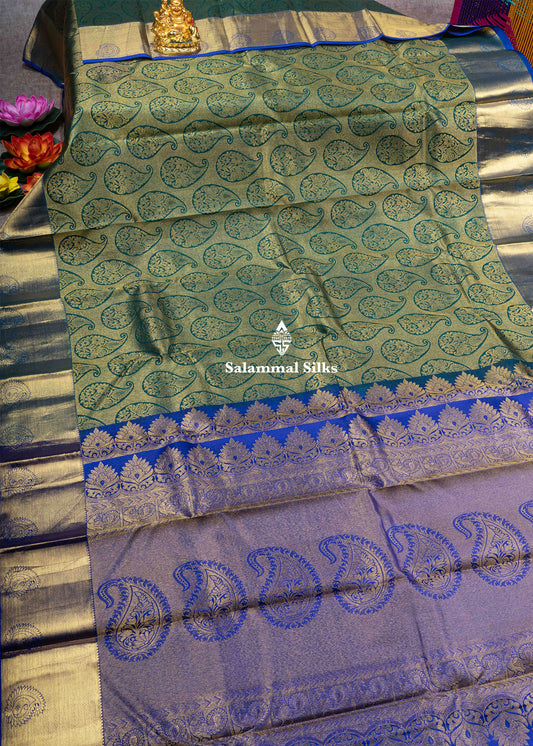 Kanjivaram Green Pure Silk Jacquard Saree With Ink Blue  Blouse