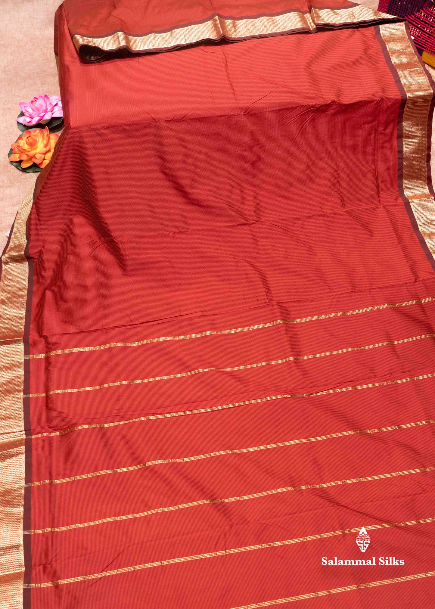 9 Yards Semi Silk Saree Orange Colour with Red Border