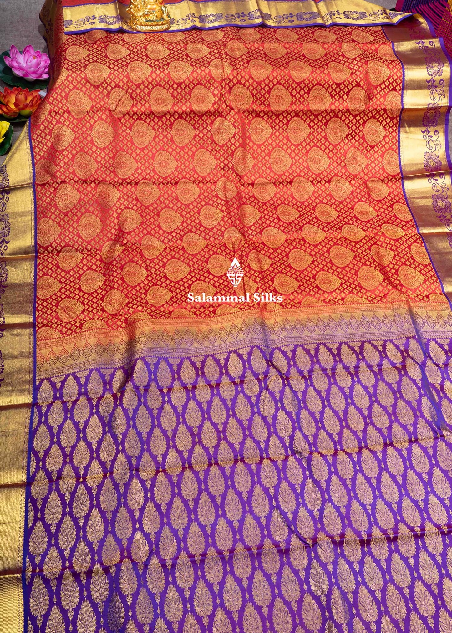 Kanjivaram Maroon Pure Silk Saree With Violet  Blouse
