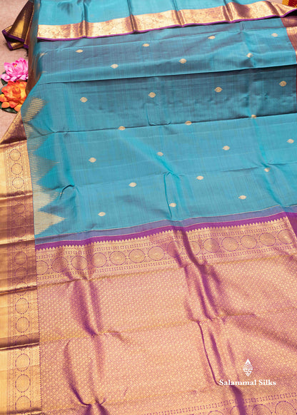 Rama Blue Colour Pure Kanjivaram Silk Saree With Violet Border
