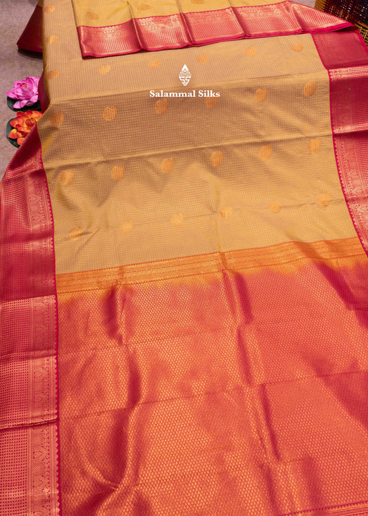 Sandal Colour Small Checks Semi Silk Saree With Pink Border