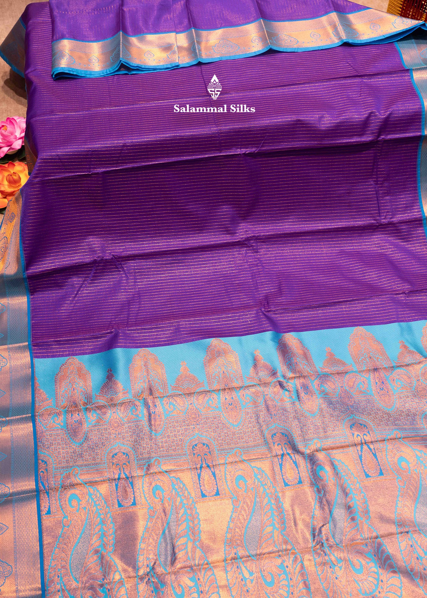 Violet Colour Small Checks Semi Silk Saree With Blue Border