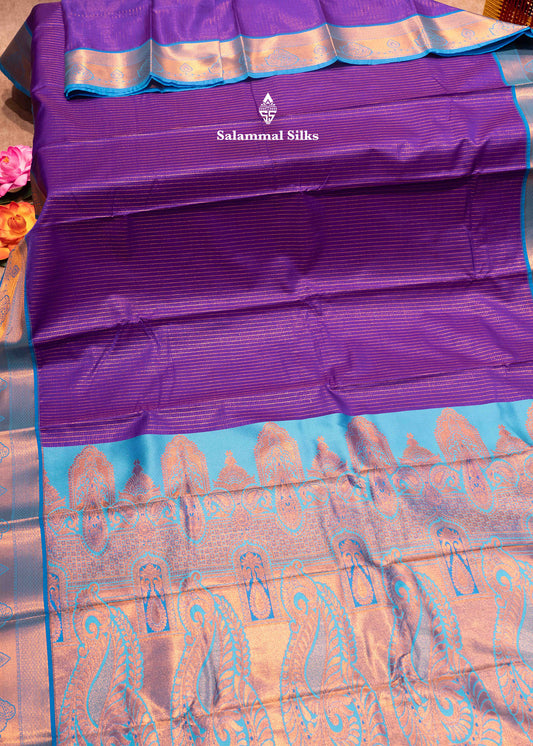 Violet Colour Small Checks Semi Silk Saree With Blue Border