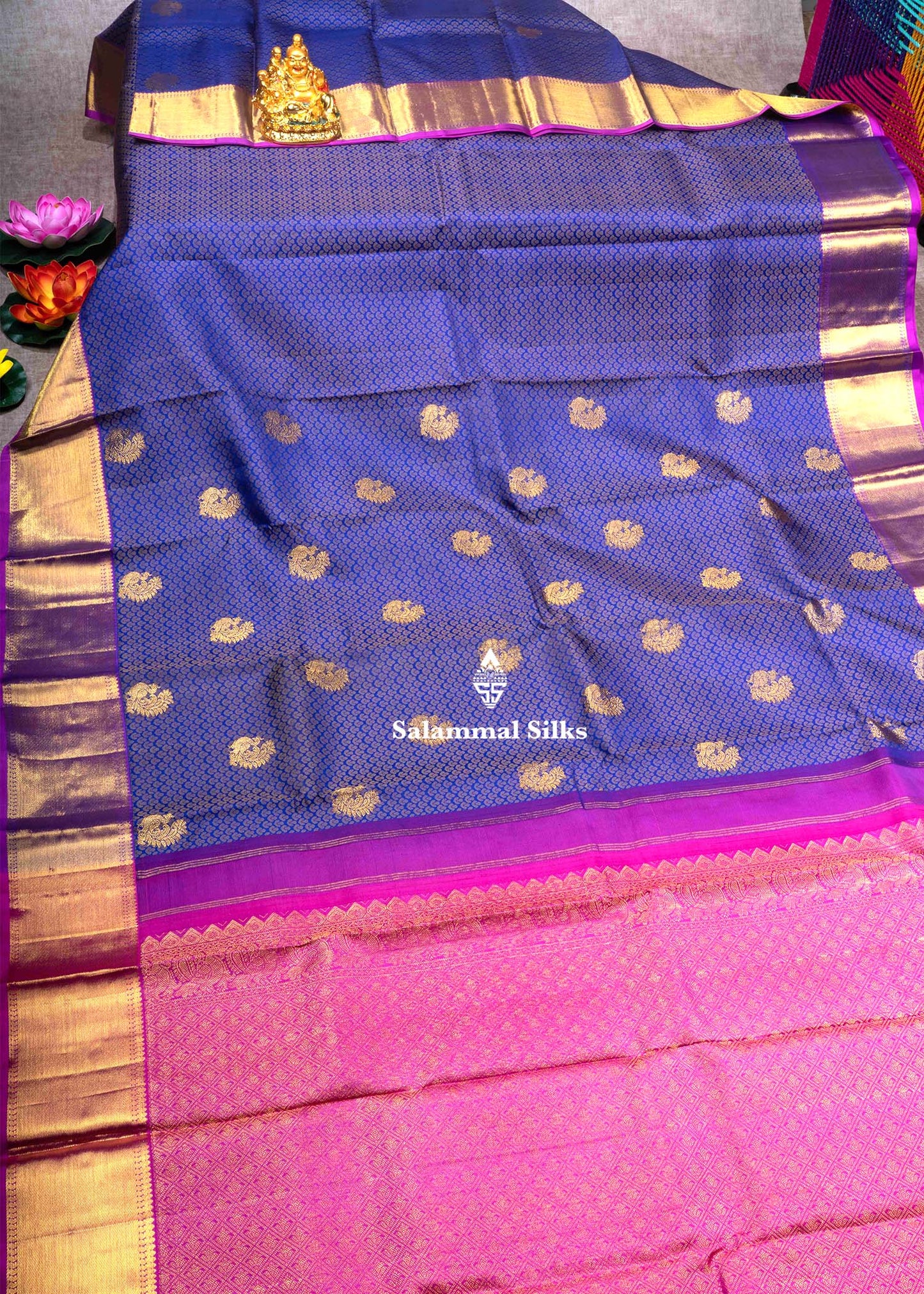 Kanjivaram Ink Blue Pure Silk Jacquard Saree With Pink Blouse