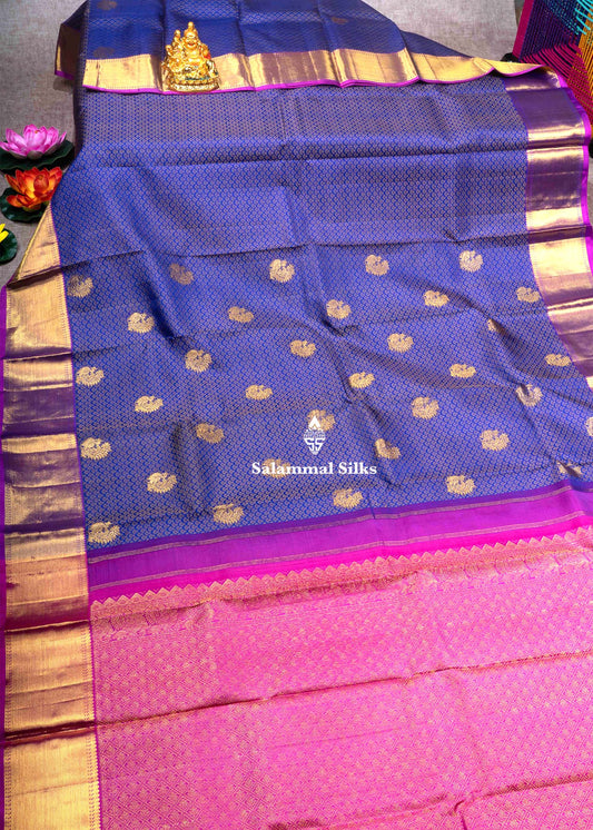 Kanjivaram Ink Blue Pure Silk Jacquard Saree With Pink Blouse