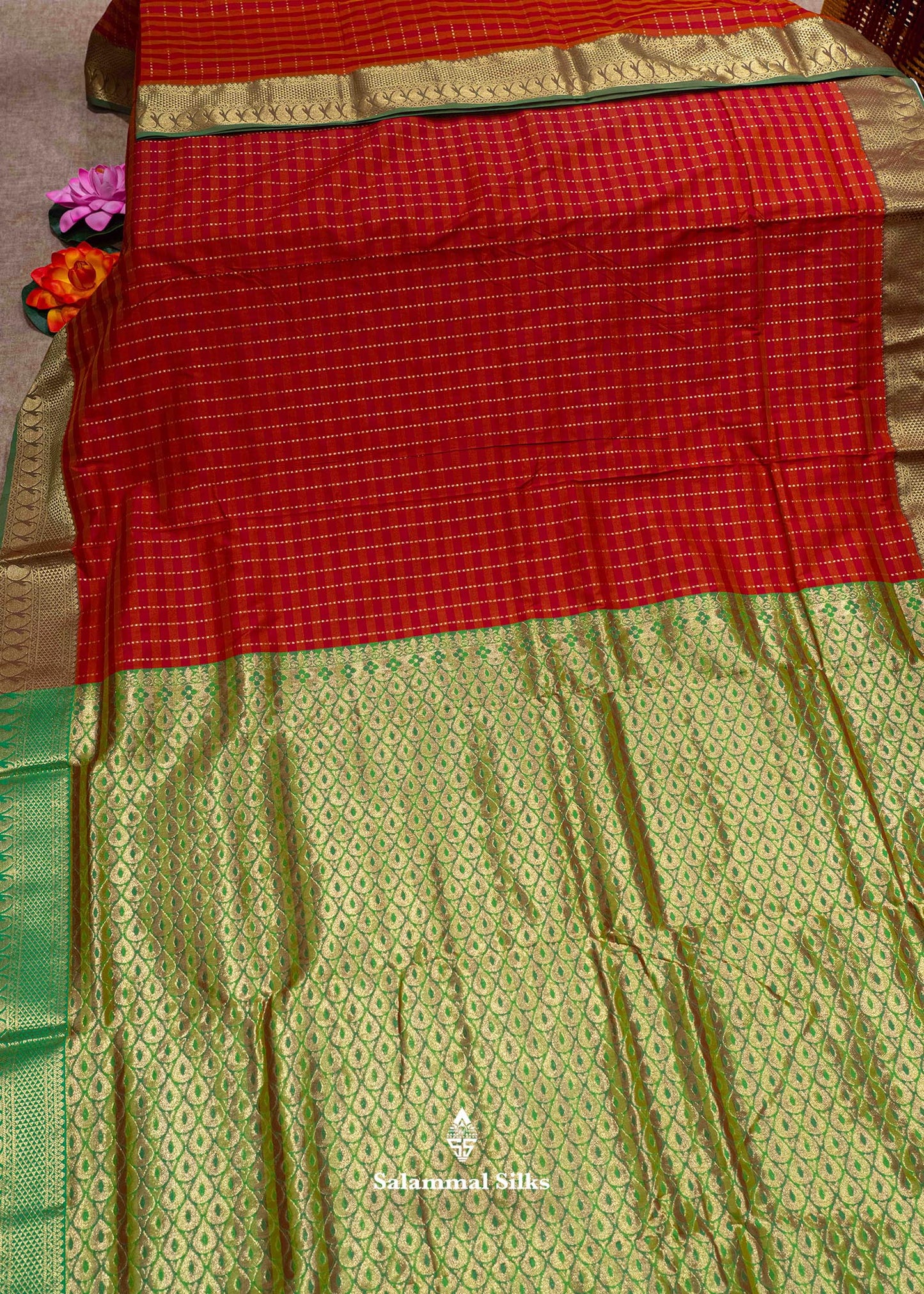 9 Yards Semi Silk Saree Maroon & Brown Colour with Green Border