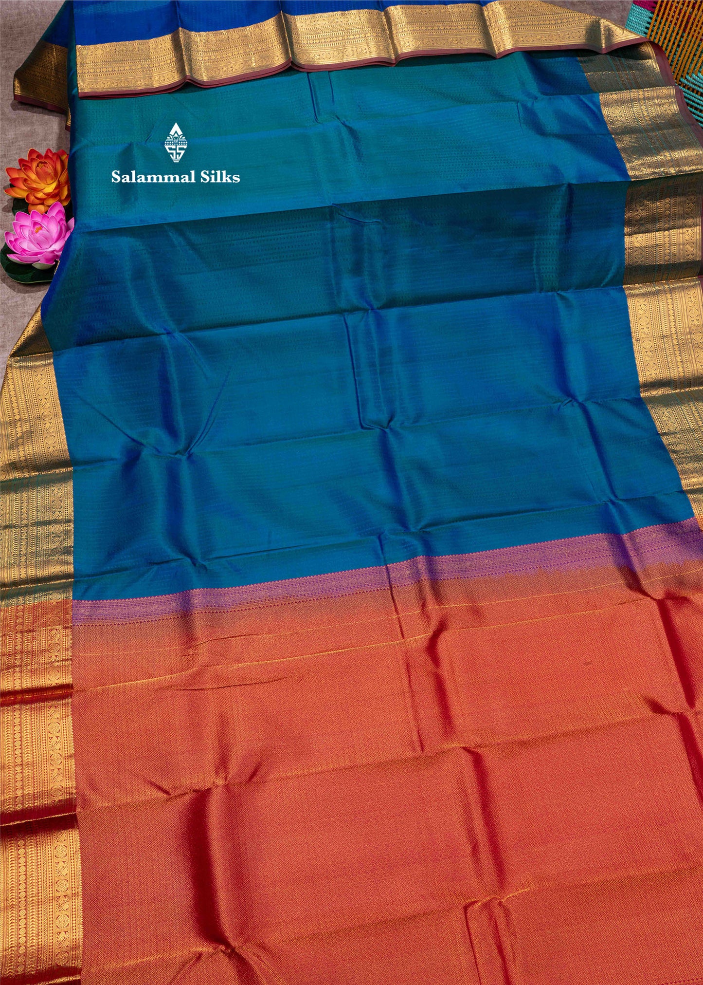 Kanjivaram Peacock Blue Pure Silk Saree With Traditional Gold Zari Border