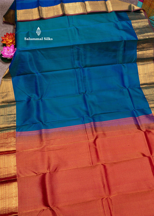 Kanjivaram Peacock Blue Pure Silk Saree With Traditional Gold Zari Border