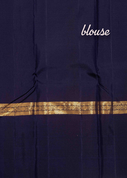 Grey Colour Kanjivaram Pure Silk Saree With Navy Blue Traditional Checks Border