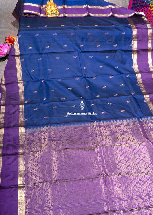 Kanjivaram Navy Blue Pure Silk Saree With Violet Blouse