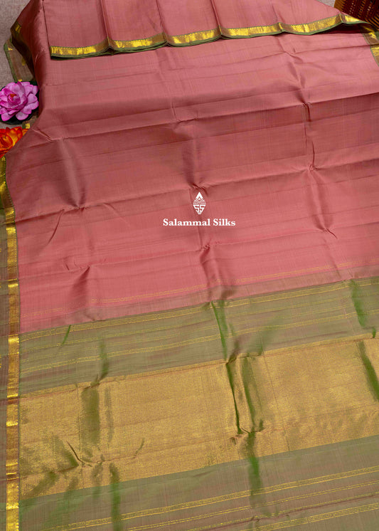Onion Pink Kanjivaram Pure Silk Saree With Traditional Olive Green Border