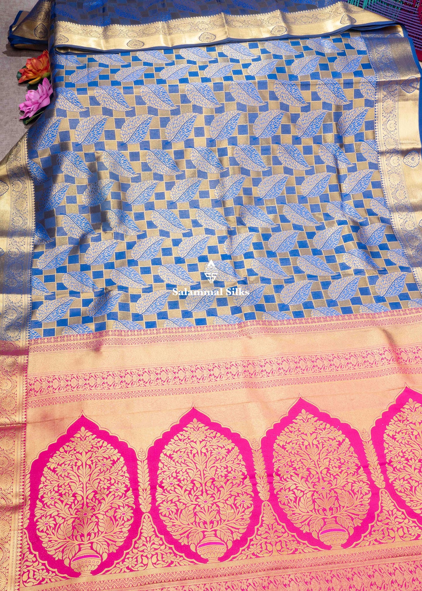 Navy Blue & Gold Colour Checks Semi Silk Saree With Gold Zari Border