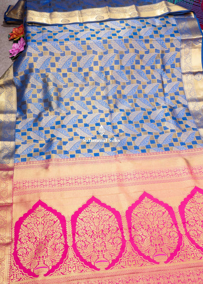 Navy Blue & Gold Colour Checks Semi Silk Saree With Gold Zari Border