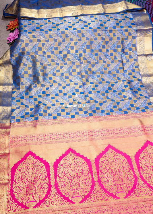 Navy Blue & Gold Colour Checks Semi Silk Saree With Gold Zari Border