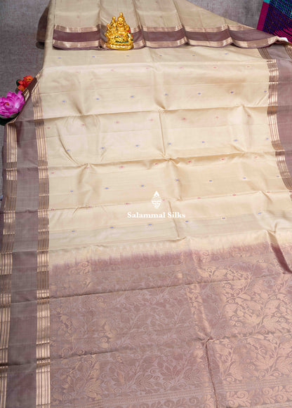 Kanjivaram Beige Pure Silk Saree With Light Brown Blouse