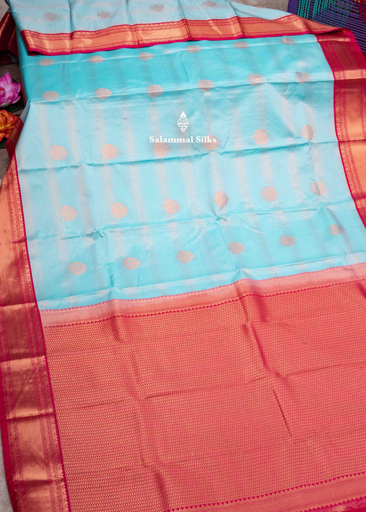 Light Blue Alai Vaira Oosi Semi Silk Saree With Pink Border
