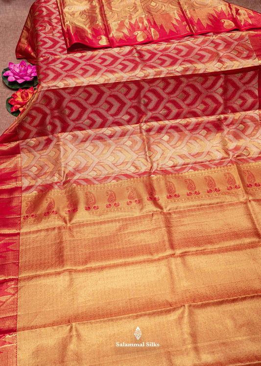 Orange Colour Kanjivaram Pure Tissue Silk Saree with Red Gold Zari Border