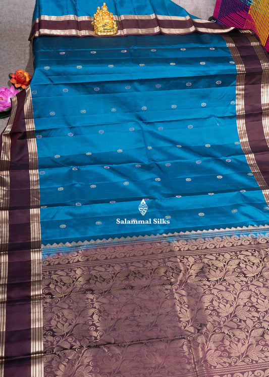 Kanjivaram Peacock Blue Pure Silk Saree With Brown Blouse