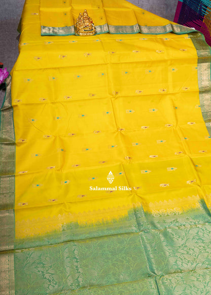 Kanjivaram Yellow Pure Silk Saree With Parrot Green Blouse