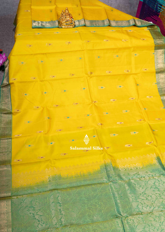 Kanjivaram Yellow Pure Silk Saree With Parrot Green Blouse