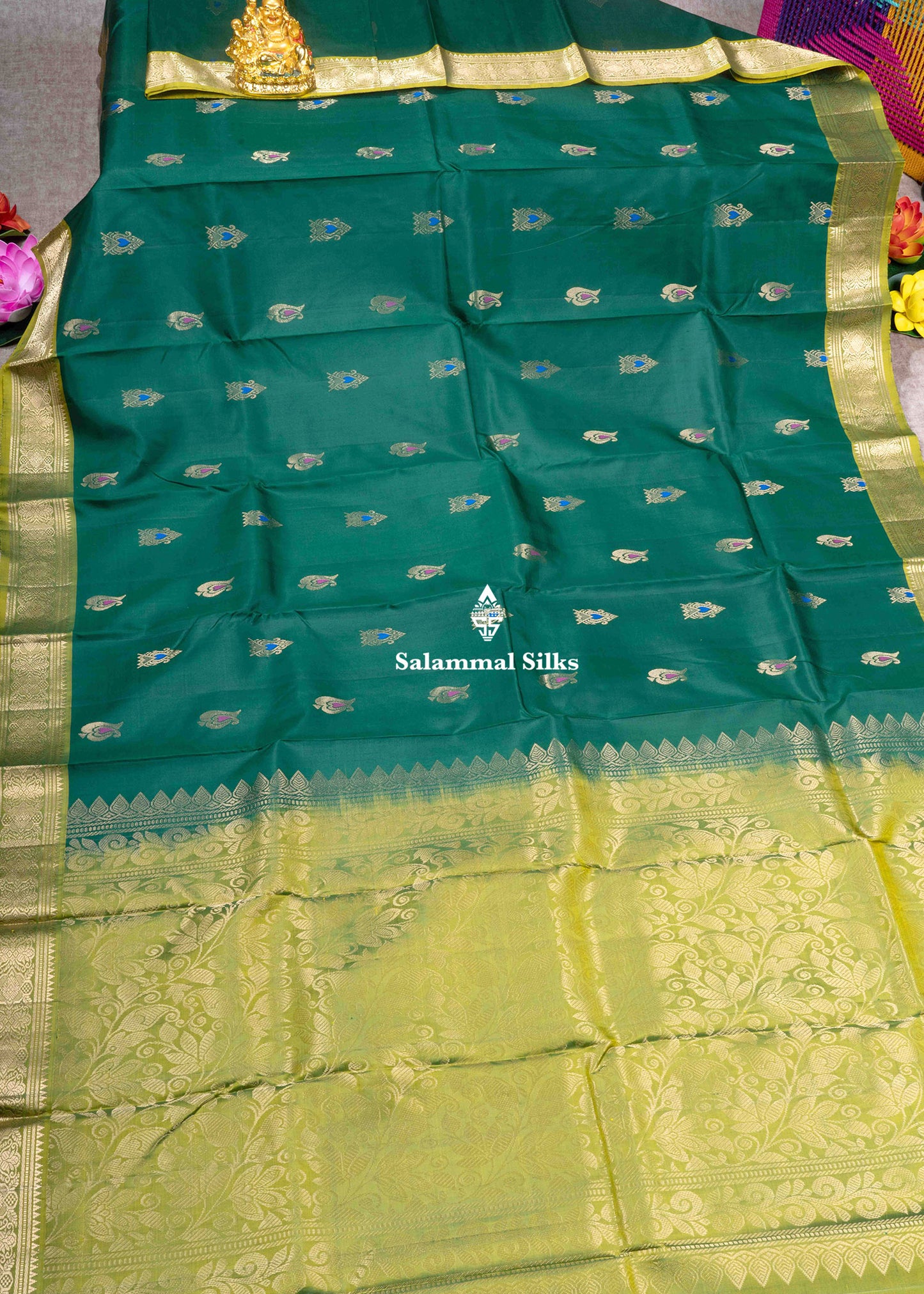 Kanjivaram Bottle Green Pure Silk Saree With Yellow Green Blouse