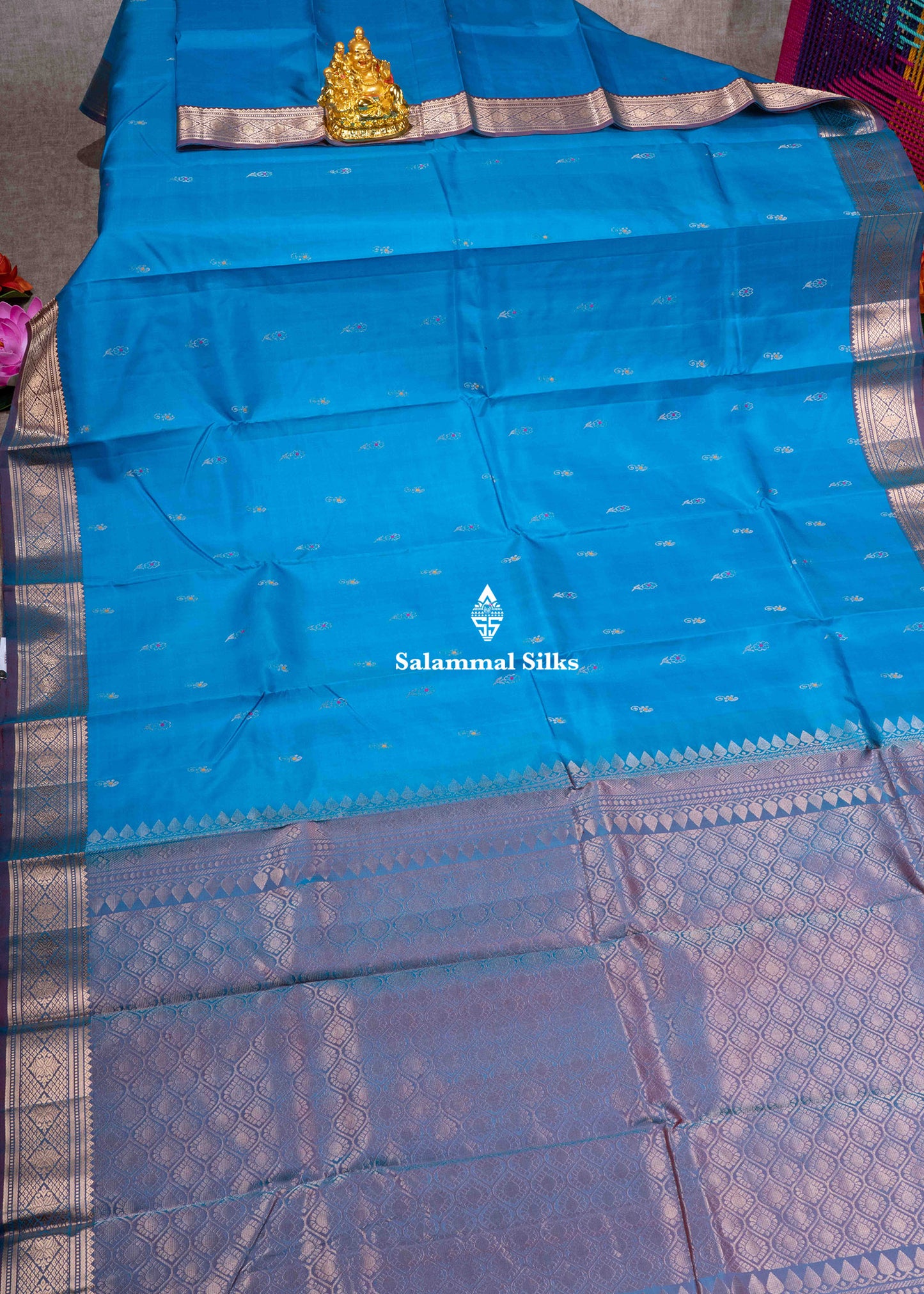 Kanjivaram Light Ramar Blue Pure Silk Saree With Olive Blue Blouse