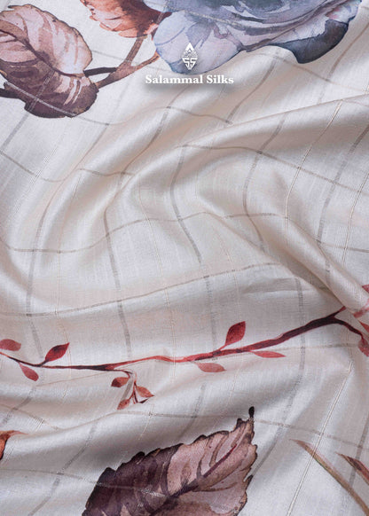 Cream Colour Semi Tussar Saree With Floral Prints & Zari Checks