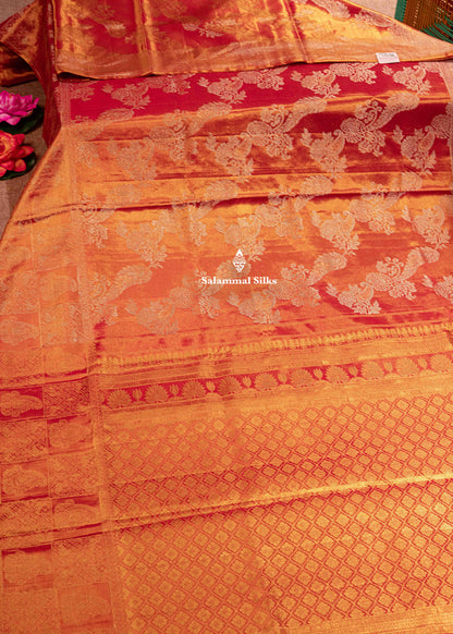 Orange Colour Kanjivaram Pure Tissue Silk Saree with Traditional Border