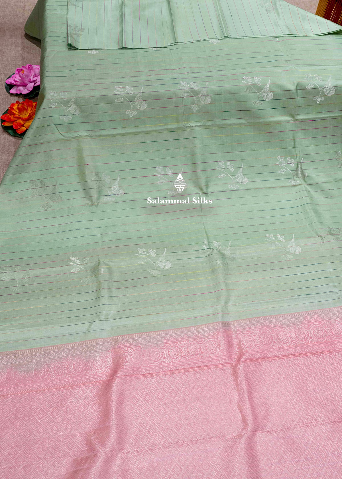 Cream Green Kanjivaram Fancy Pure Silk Saree With Designer Baby Pink Blouse
