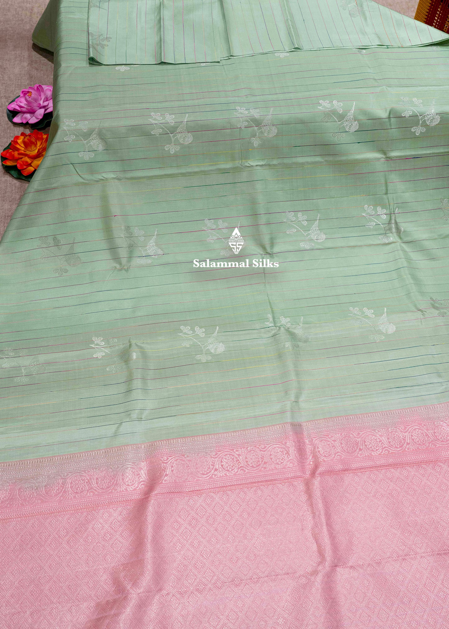 Cream Green Kanjivaram Fancy Pure Silk Saree With Designer Baby Pink Blouse