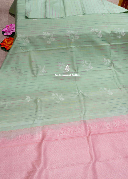 Cream Green Kanjivaram Fancy Pure Silk Saree With Designer Baby Pink Blouse