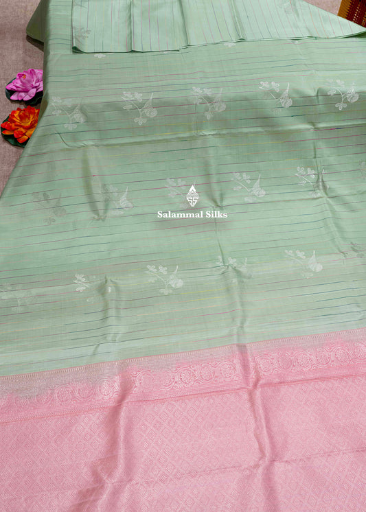 Cream Green Kanjivaram Fancy Pure Silk Saree With Designer Baby Pink Blouse