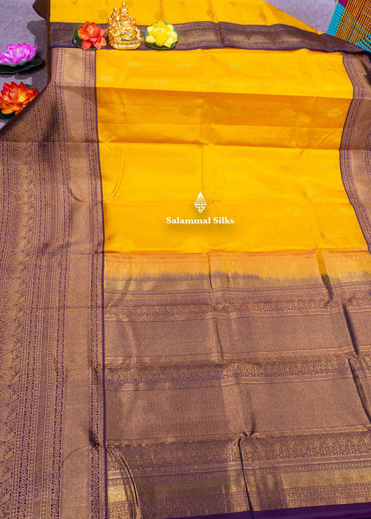 Kanjivaram Mustard Yellow Pure Silk Saree With Grand Long Size Border