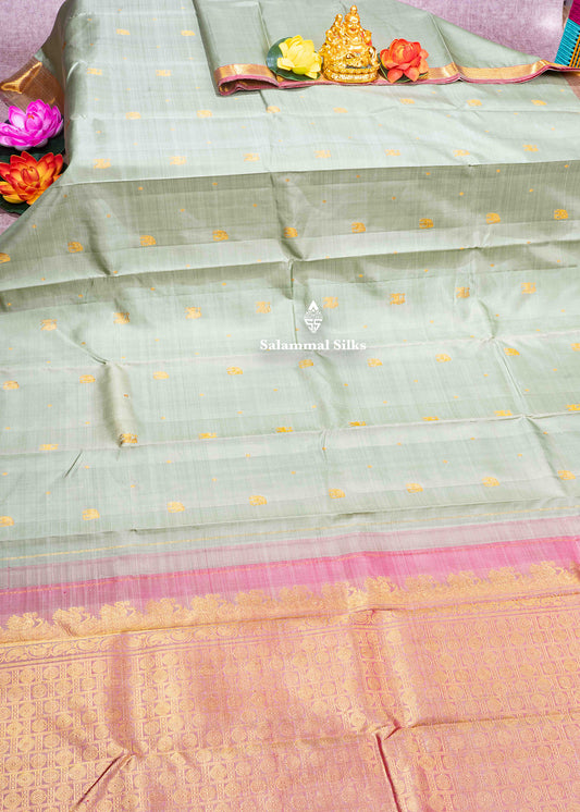 Kanjivaram Elaichi Green Pure Silk Saree With Onion Pink Blouse