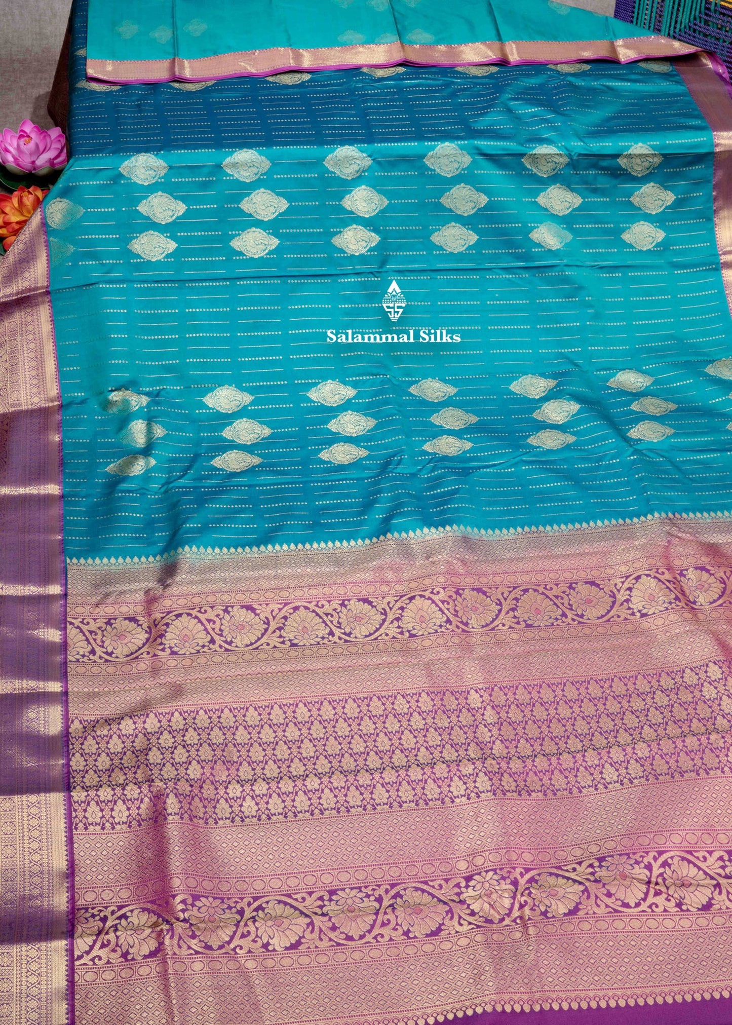 Peacock Green Semi Silk Saree With Violet Blouse