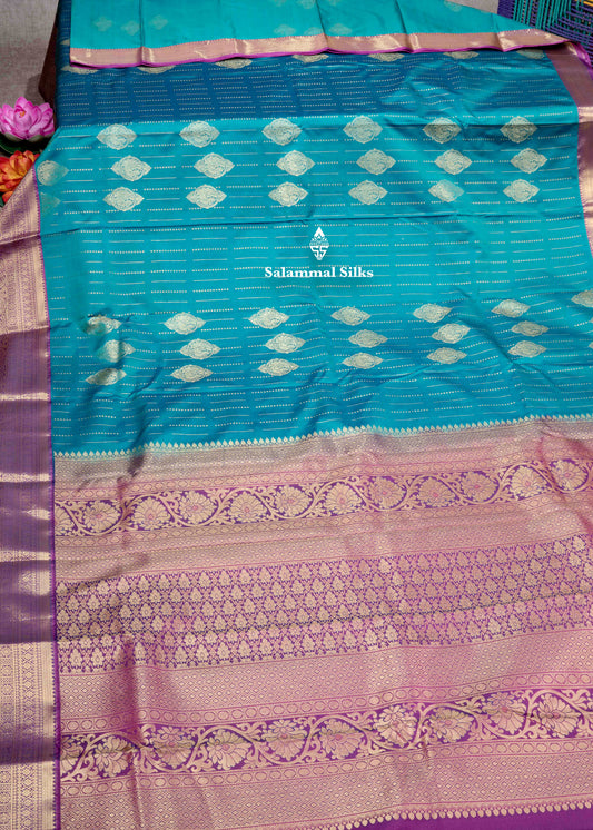 Peacock Green Semi Silk Saree With Violet Blouse
