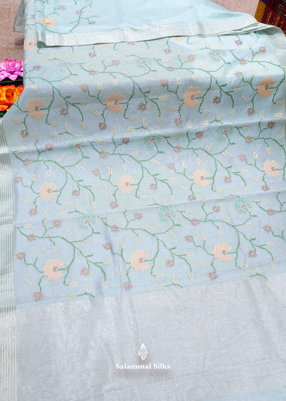 Neon Green Colour Thread Work Cotton Mix Saree With Blouse